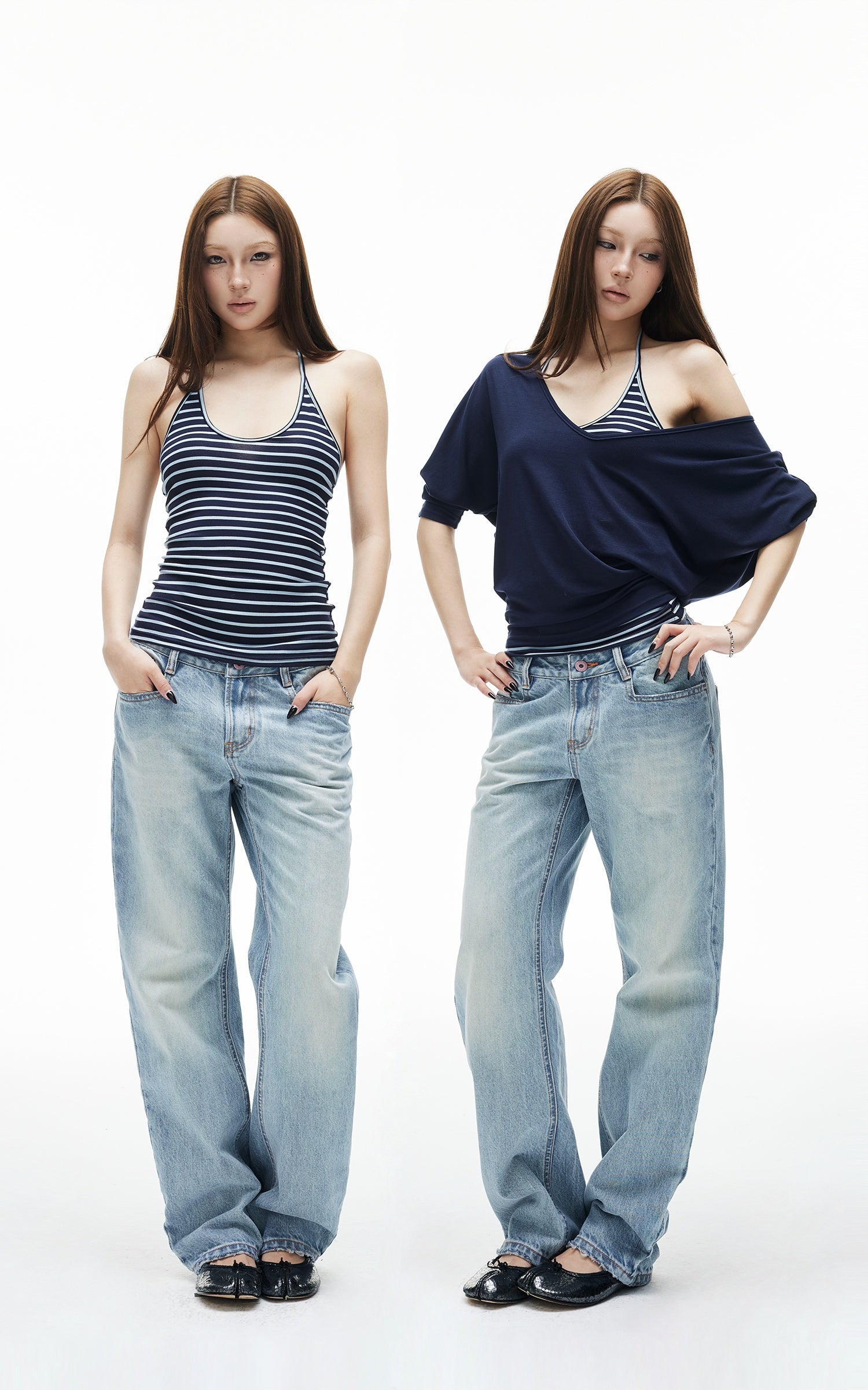 IAMXIAA Navy Layered Stripe Halter &amp; Slouchy V-Neck Top