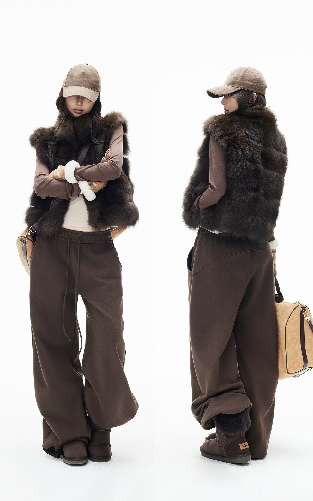 IAMXIAA Chocolate Brown Oversized Collar Fox Fur Sleeveless Vest