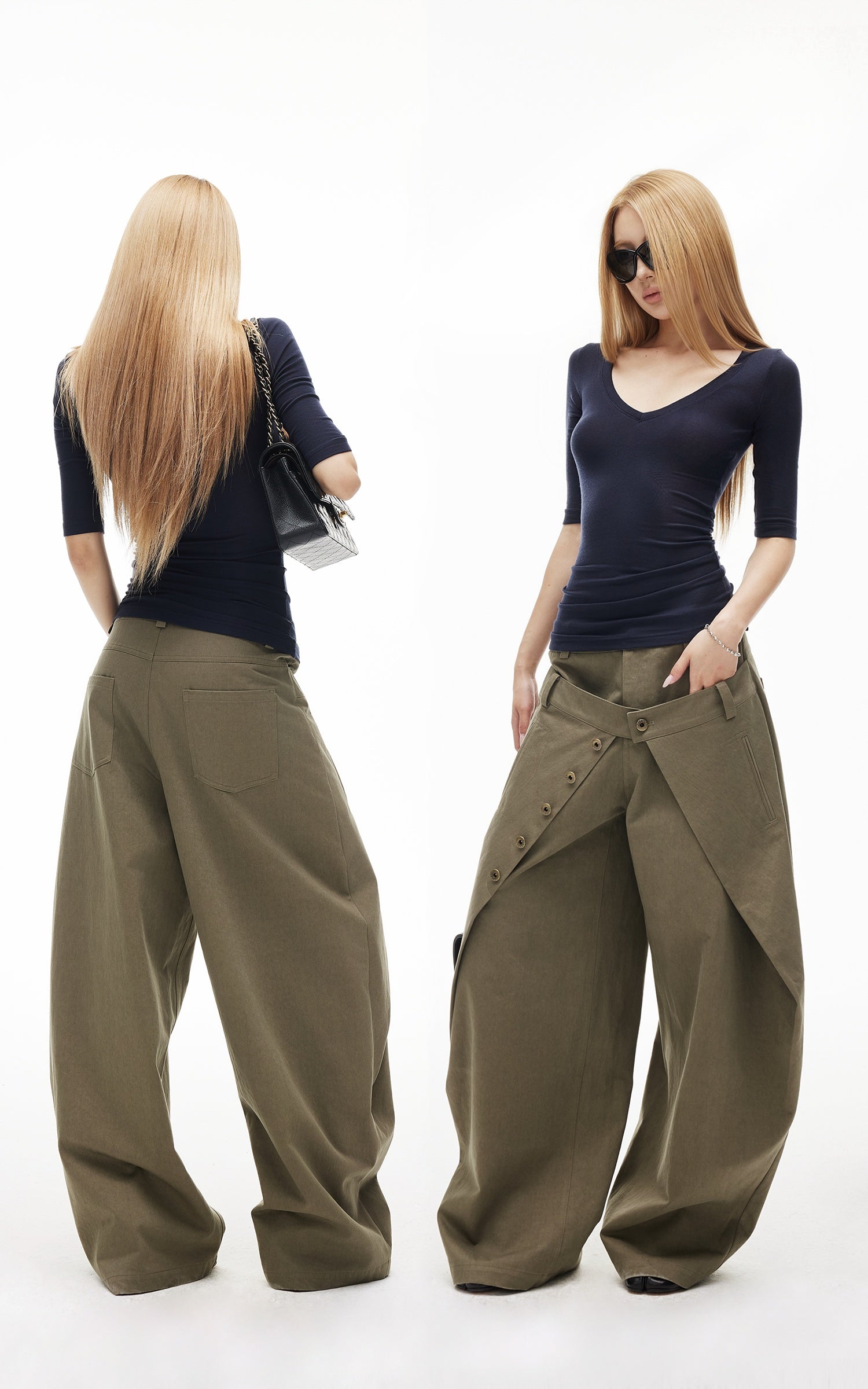 IAMXIAA Layered Waist Button Detail Wide-Leg Barrel Pants