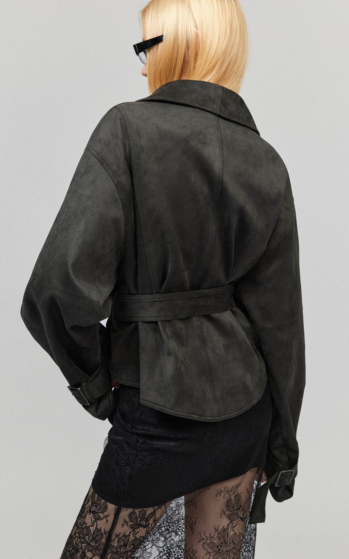 0122stepll Washed Suede Belted Biker Jacket