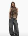 IAMXIAA Leopard Print Ruffle Tank Top Halter Neck Sheer Layered Vest