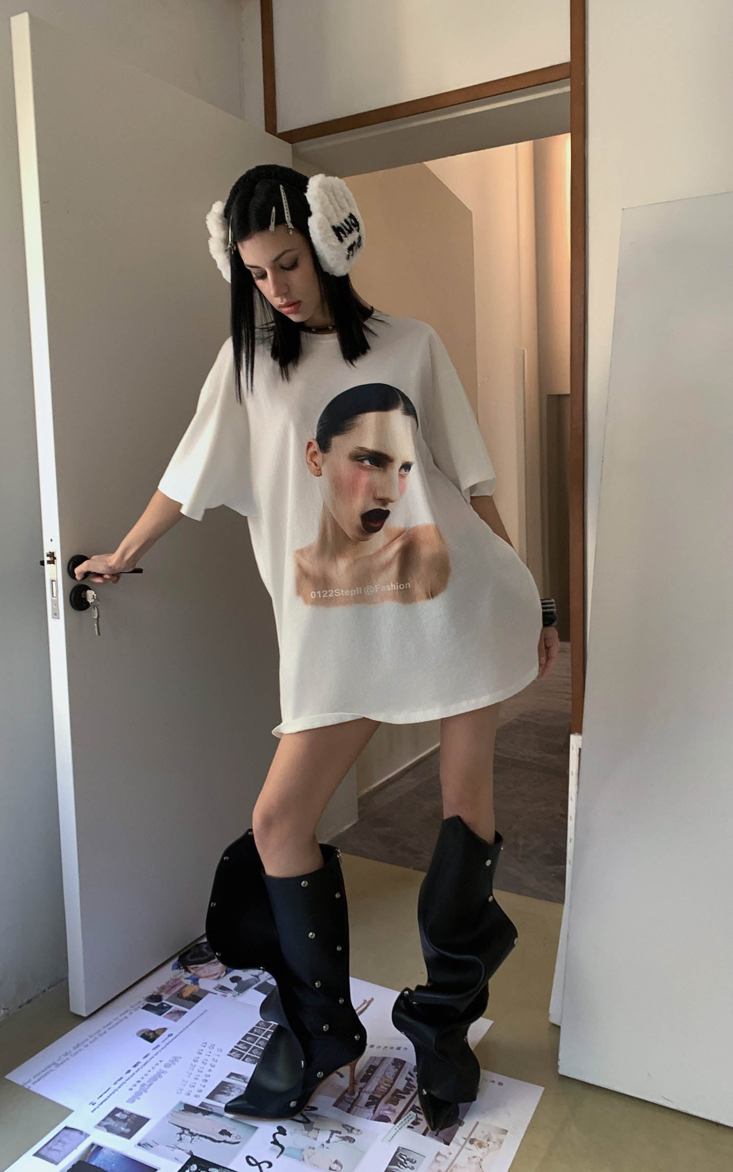 0122stepll グラフィックポートレートオーバーサイズTシャツ