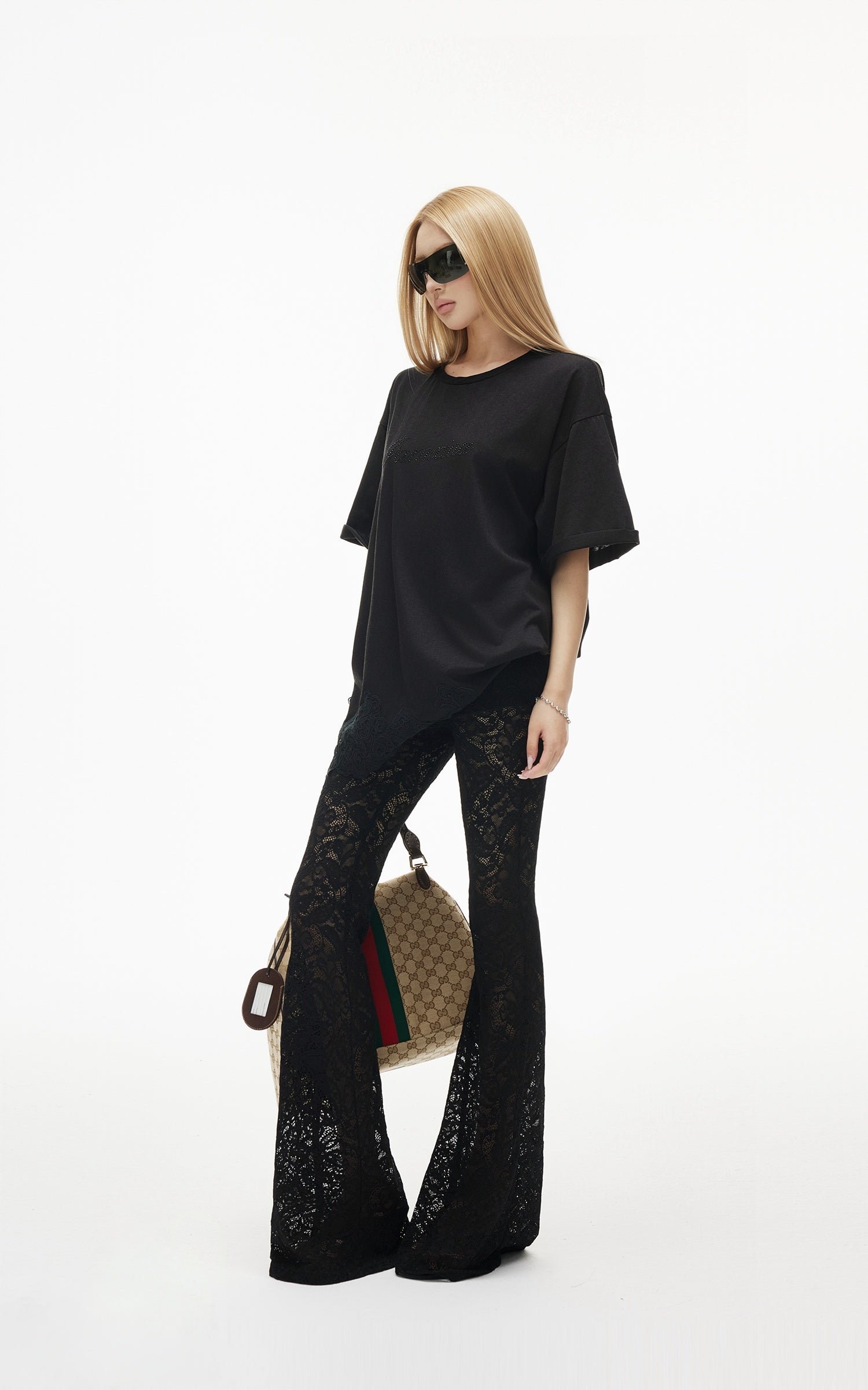 IAMXIAA Rhinestone Logo Lace Hem Oversized T-Shirt