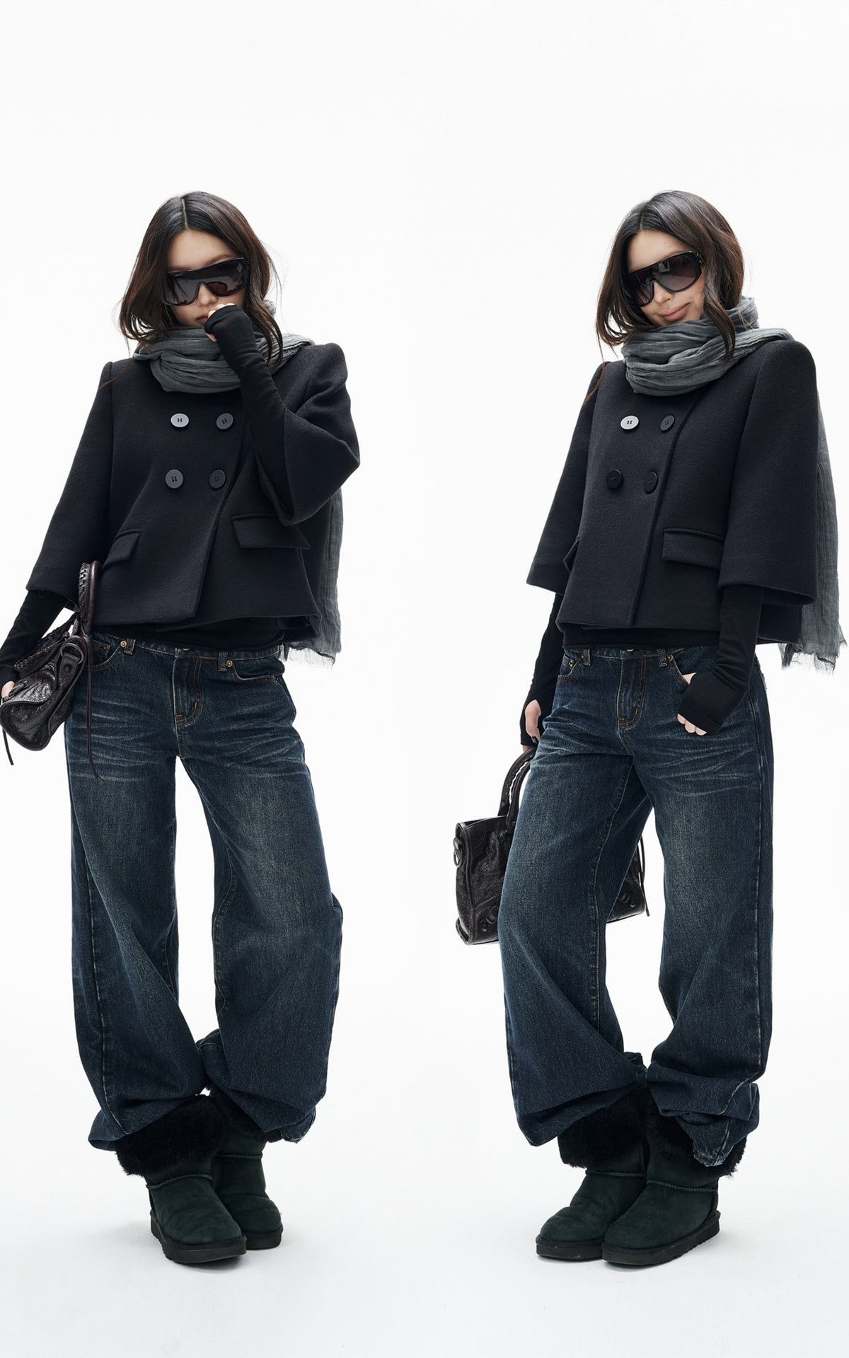 IAMXIAA Structured Shoulder Wool Double-Breasted Cropped Jacket