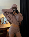 WARDEN EDGE Dusty Pink Cable Knit Hooded Sweater and Shorts Set