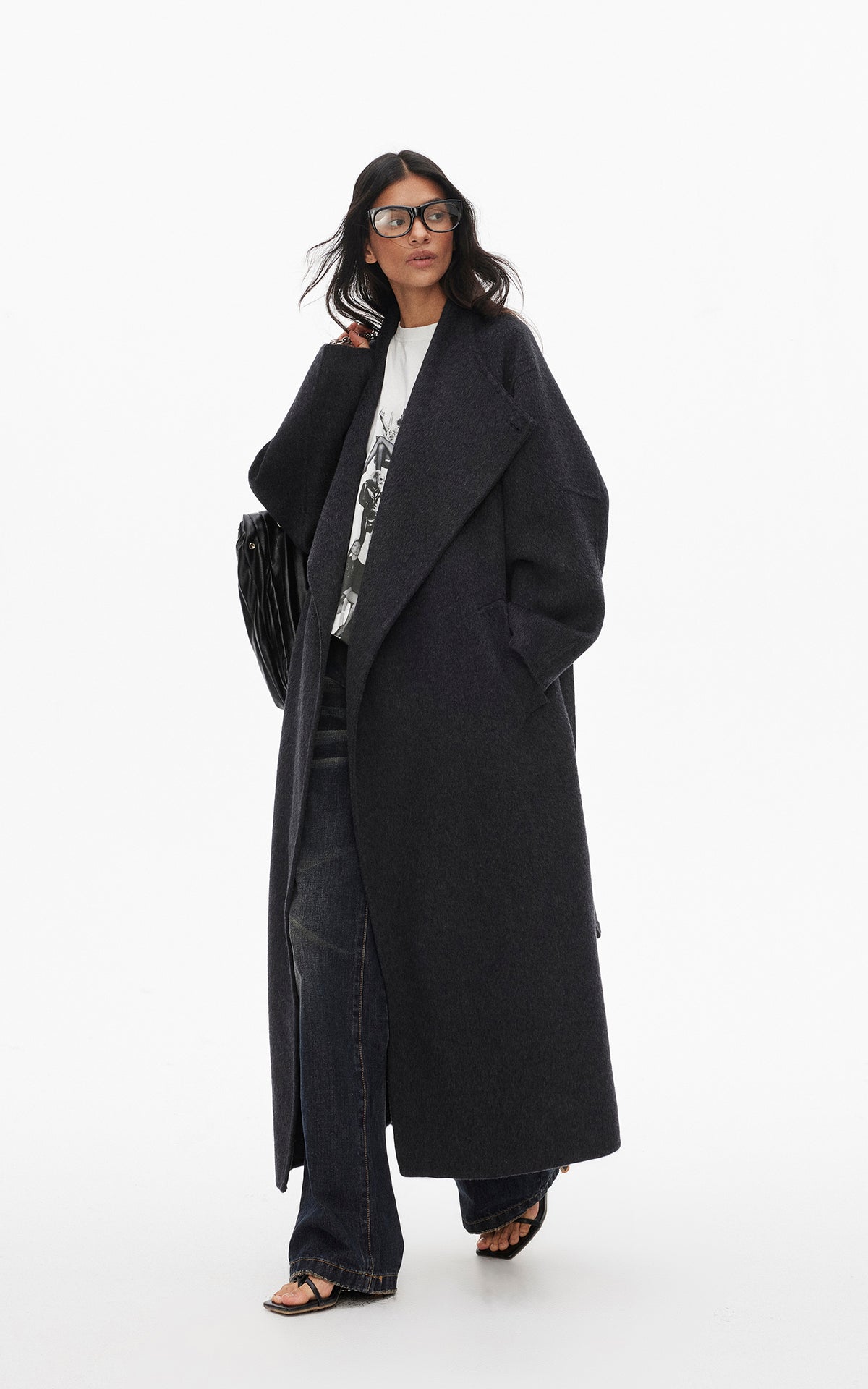 0122stepll Manteau long ample ceinturé à nouer