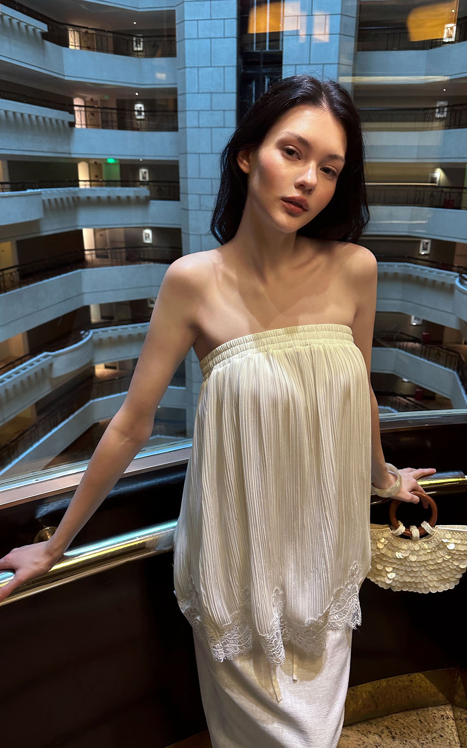 0122stepll Pleated Tube Top &amp; Long Skirt Set