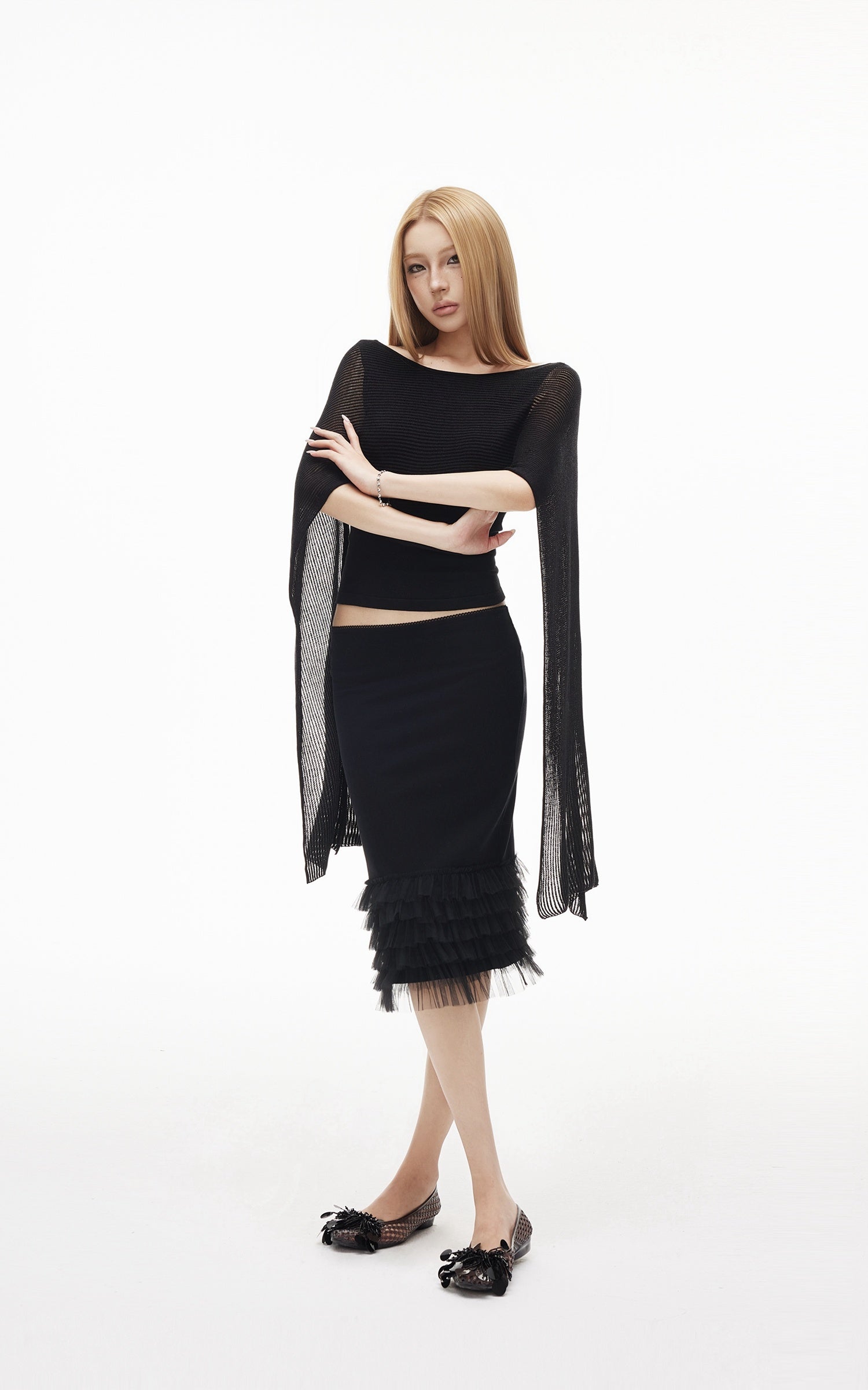 IAMXIAA Sheer Ribbed Knit Cape Sleeve Open Back Cropped Top