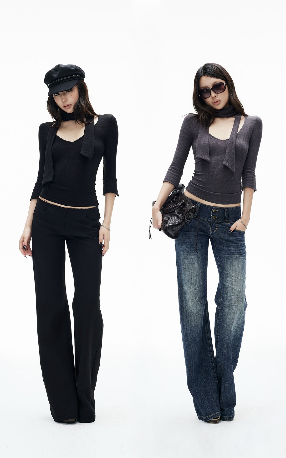 IAMXIAA Scarf-Neck Ribbed Slim-Fit Top with Three-Quarter Sleeves