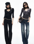 IAMXIAA Scarf-Neck Ribbed Slim-Fit Top with Three-Quarter Sleeves