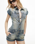 IAMXIAA Vintage Wash Fitted Denim Button-Up Short Sleeve Romper