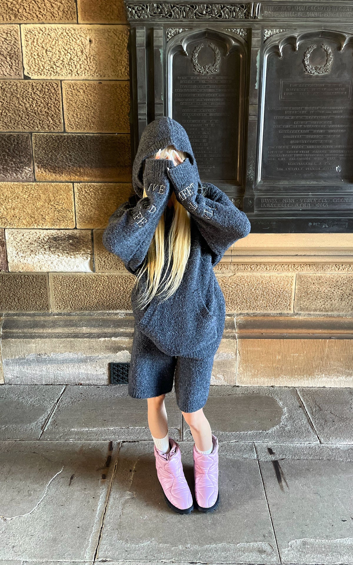 Rase le sol Embroidered Hooded Knit Sweater &amp; Long Shorts Set