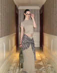 0122STEPLL Sheer Zebra Layered Low-Rise Maxi Skirt Three-Piece Set