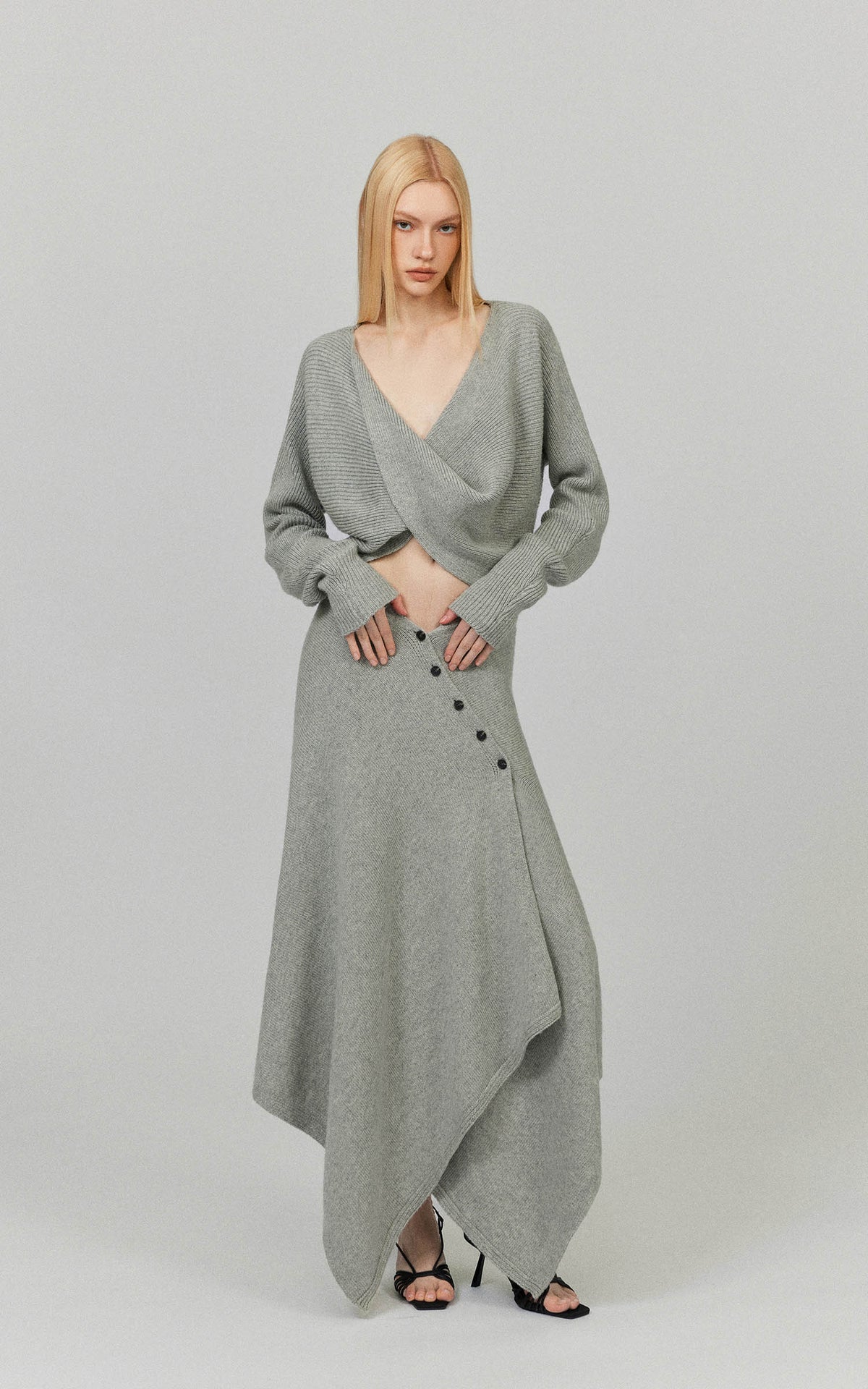 0122stepll Draped Knit Top &amp; Asymmetric Maxi Skirt Set