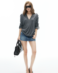 IAMXIAA V Neck Long Sleeve Tee Casual Loose Fit Top