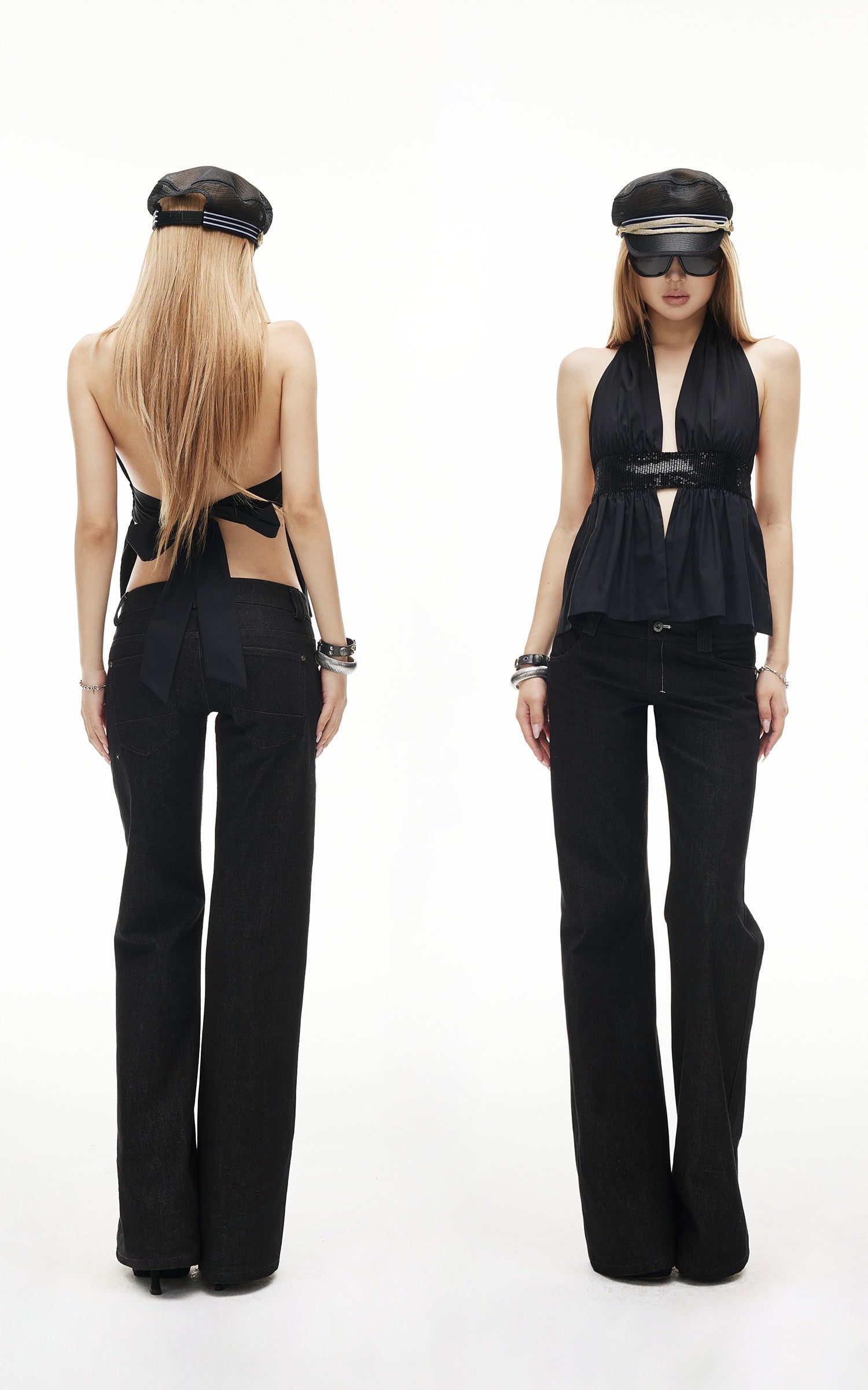 IAMXIAA Sequin Waist Halter Open-Back Peplum Top