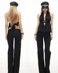 IAMXIAA Sequin Waist Halter Open-Back Peplum Top