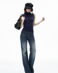 IAMXIAA Retro Slim-Fit Turtleneck Sleeveless Wool Knit Top with Ribbed Hem