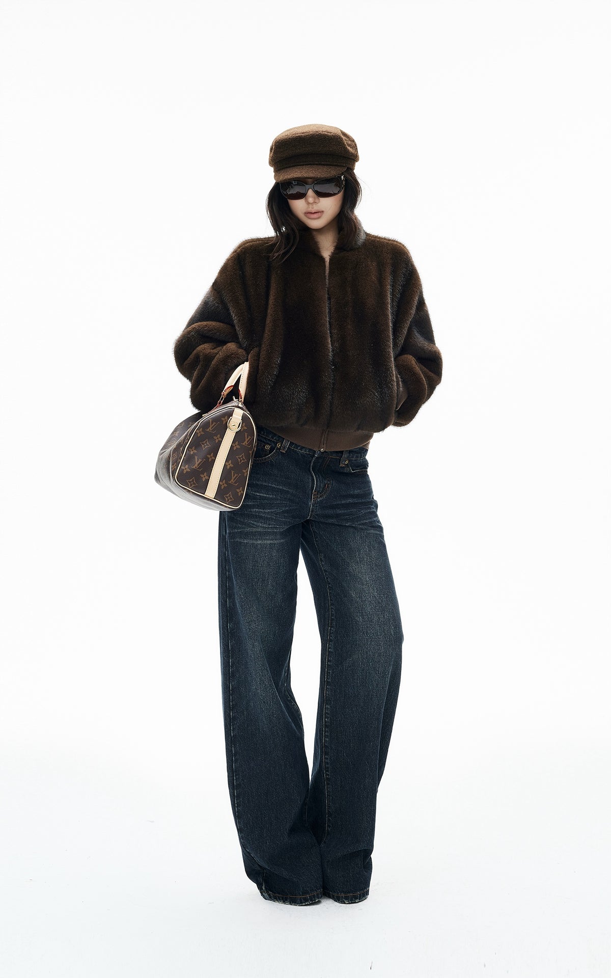 IAMXIAA Chocolate Brown Fur-Effect Cropped Bomber Jacket