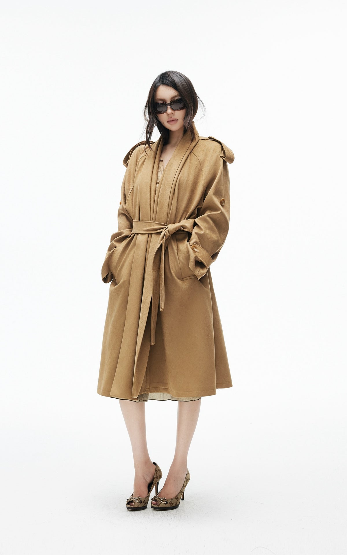 IAMXIAA Manteau trench en suédine drapé avec ceinture