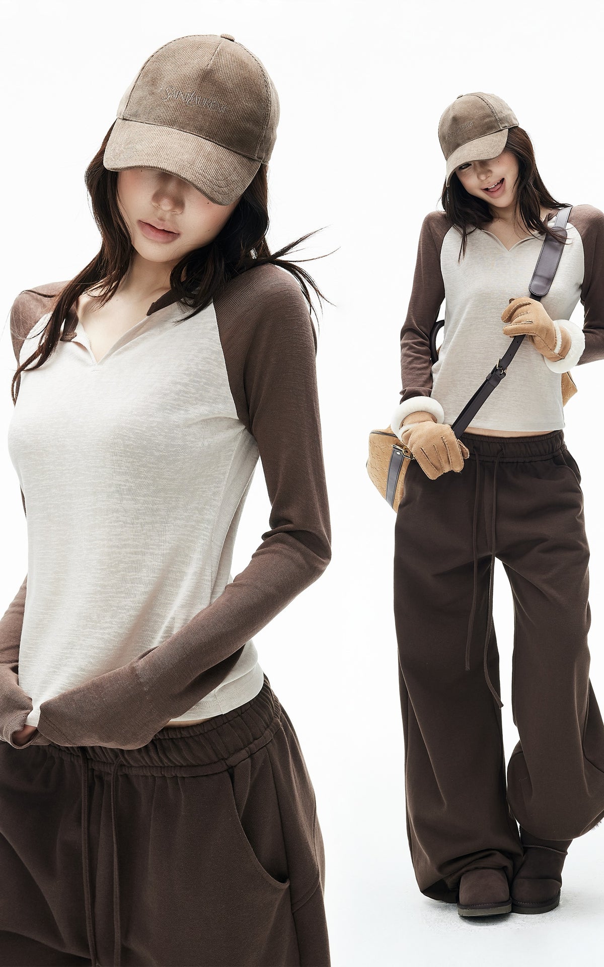 IAMXIAA Colorblock Raglan Sleeve Notch Neck Long Sleeve Top