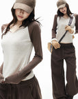 IAMXIAA Colorblock Raglan Sleeve Notch Neck Long Sleeve Top