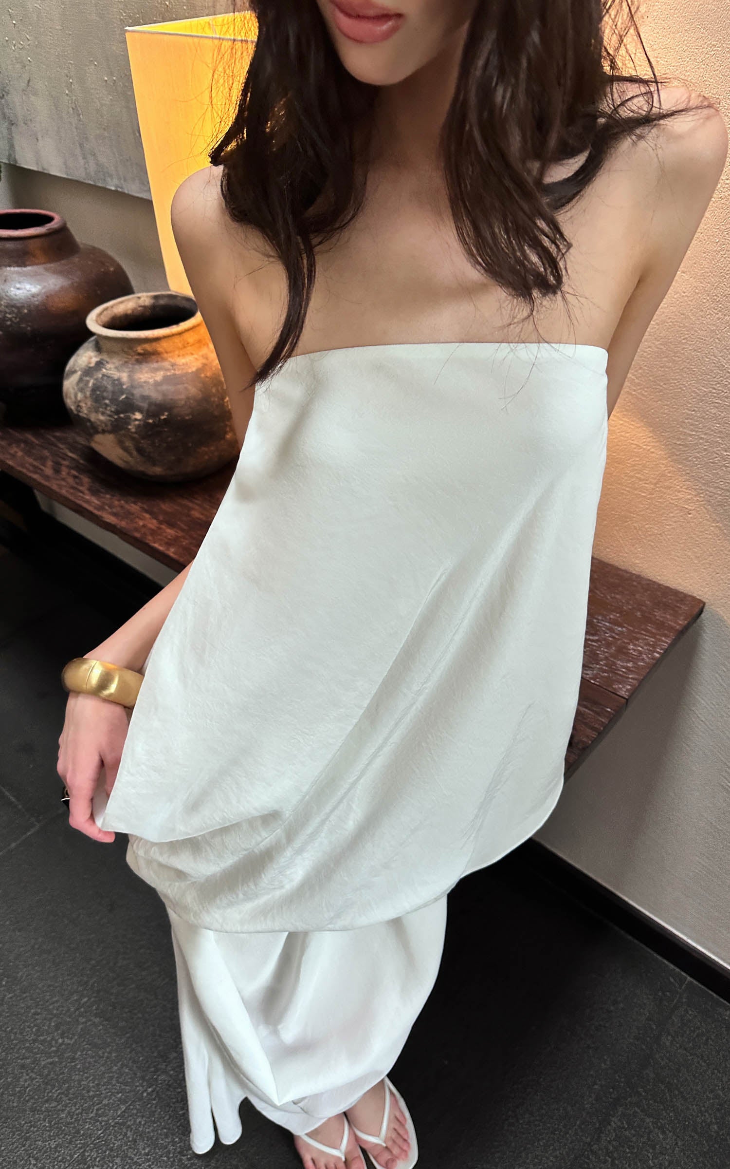 0122stepll Draped Strapless Top &amp; Ruched Maxi Skirt Set