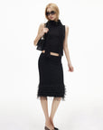 IAMXIAA Layered Tulle Ruffle Hem Low Rise Bodycon Midi Skirt