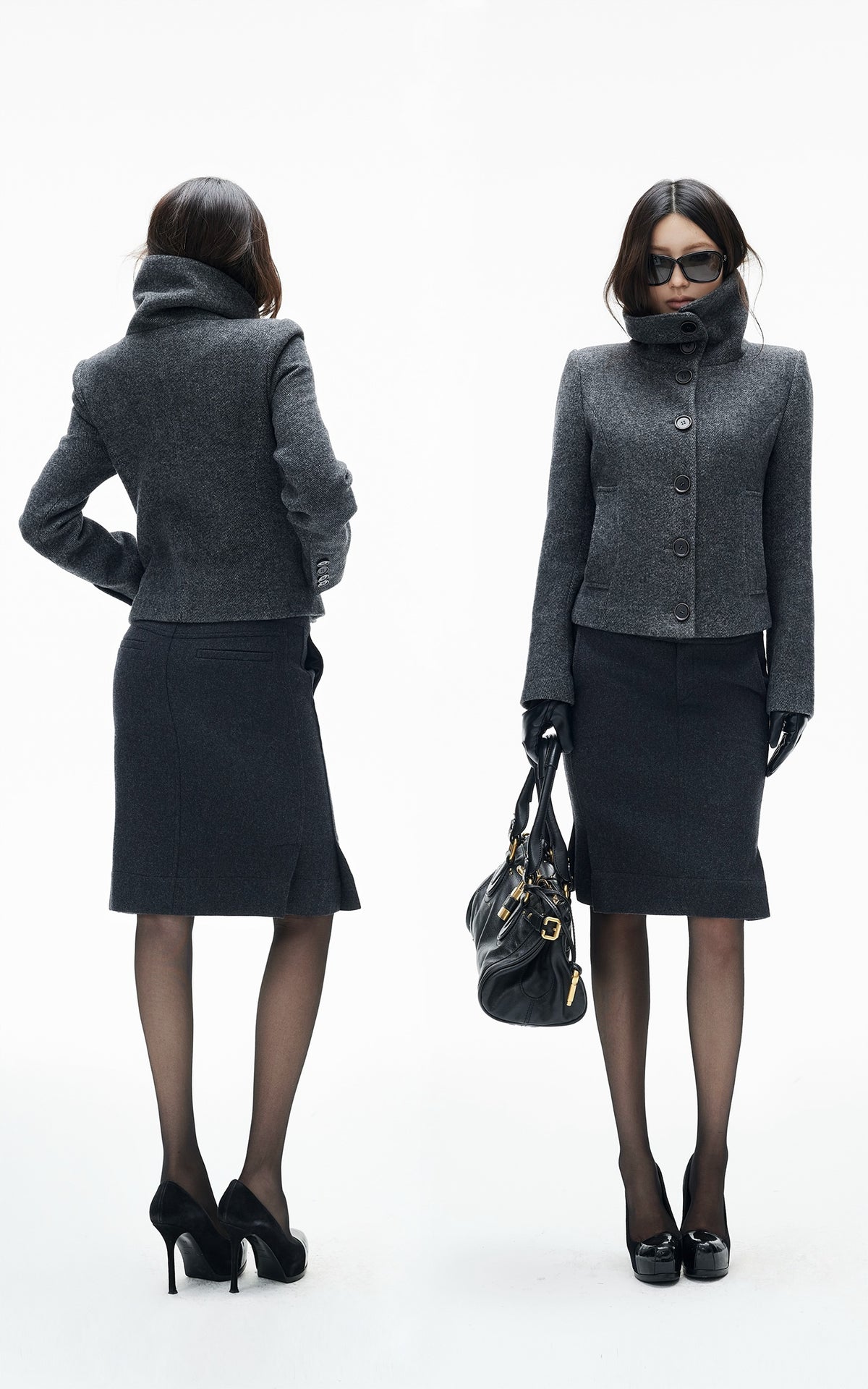 IAMXIAA Vintage-Inspired Charcoal Grey Tailored Knee-Length Pencil Skirt with Side Slit