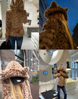 Rase le sol Leopard Plush Zip-Up Jacket with Sculpted Waist & Ear-Detail Hood