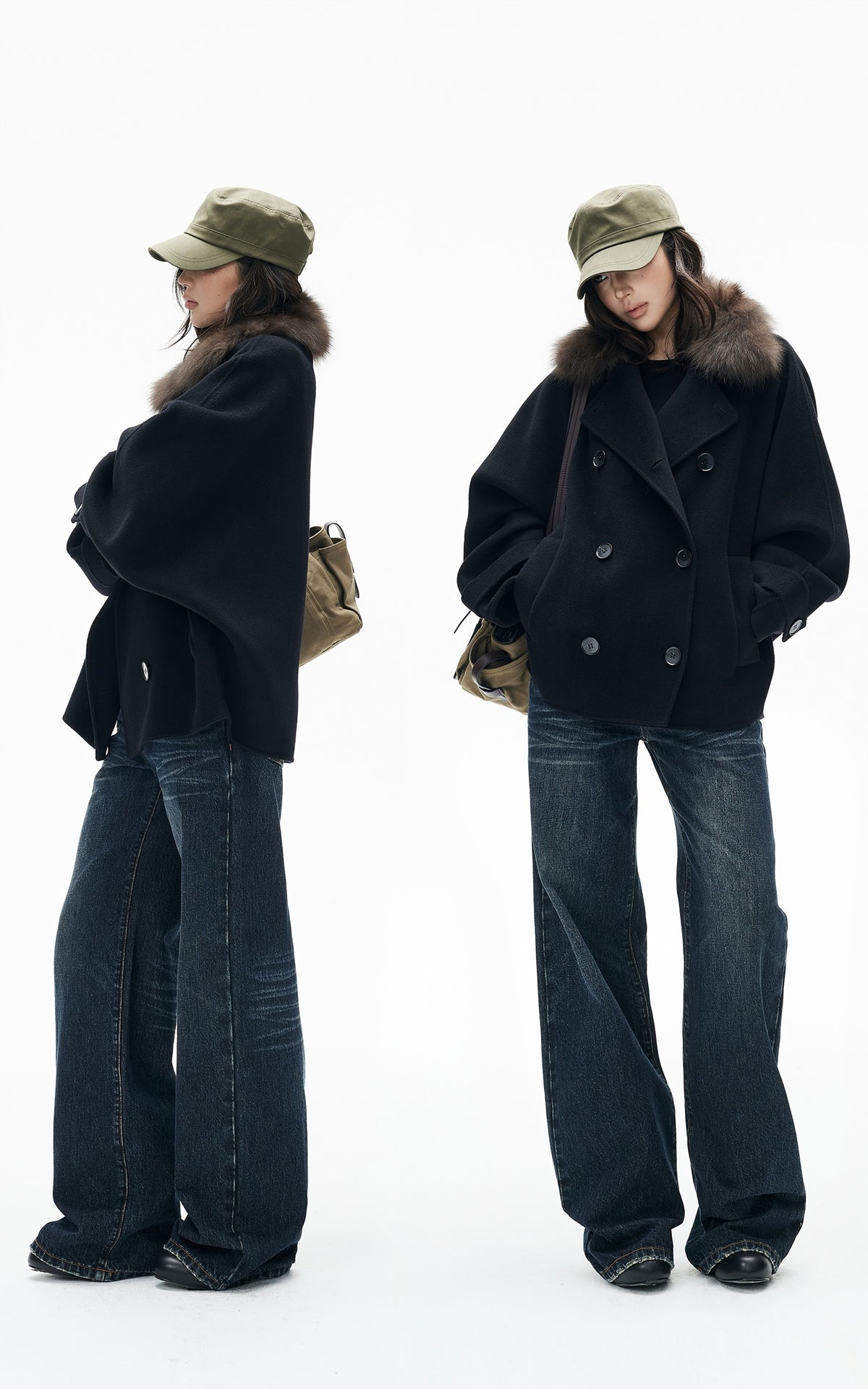 IAMXIAA Fur Collar Oversized Double-Breasted Short Coat
