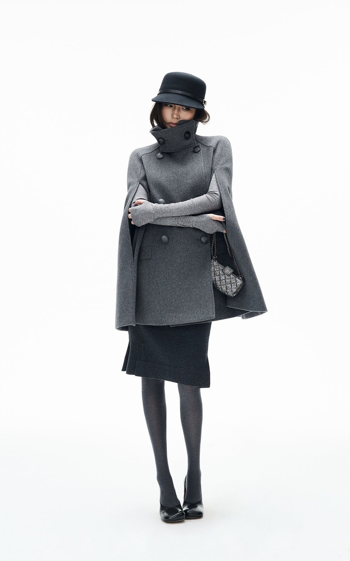 IAMXIAA Sculpted High-Neck Double-Breasted Cape Coat with Open Arm Slits