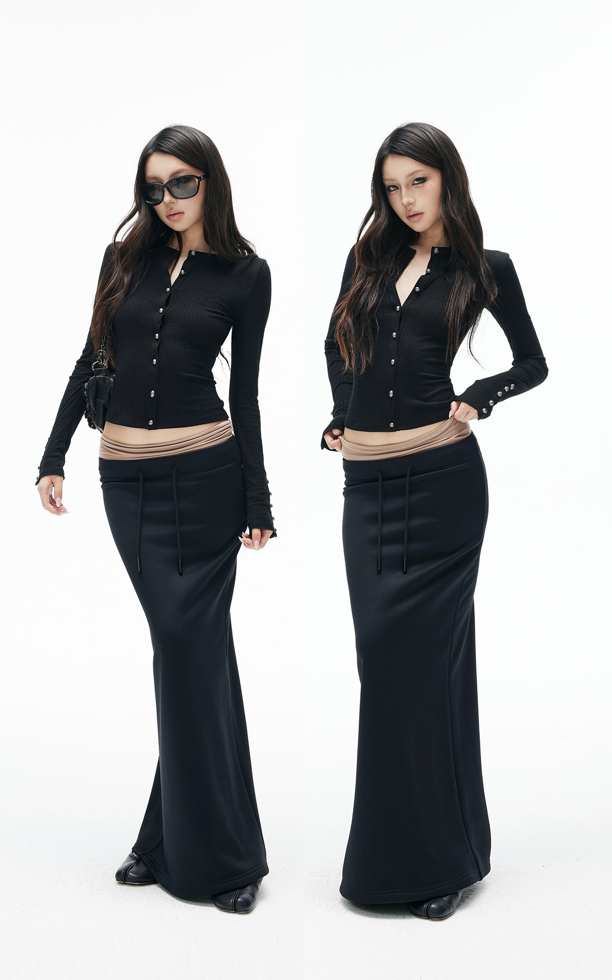 IAMXIAA Sculpted Ribbed Long Sleeve Top with Vintage Metal Button Detailing