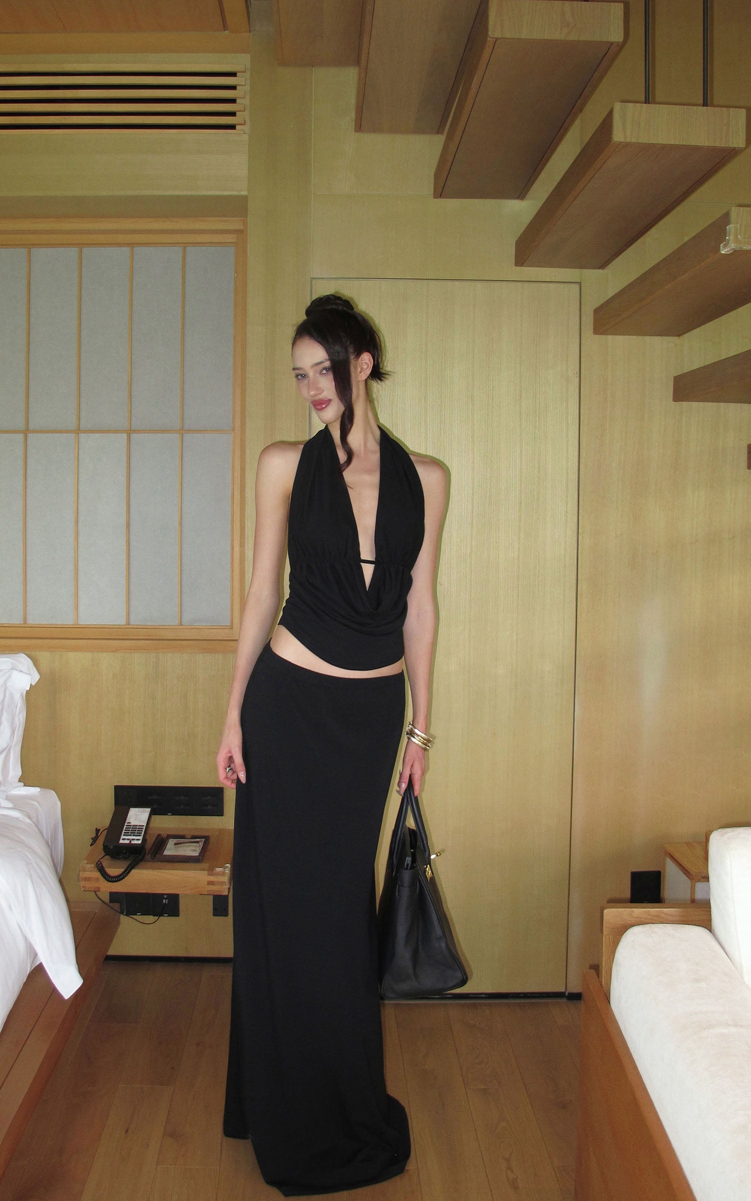 0122stepll Haut halter à décolleté plongeant &amp; Ensemble jupe maxi à taille basse