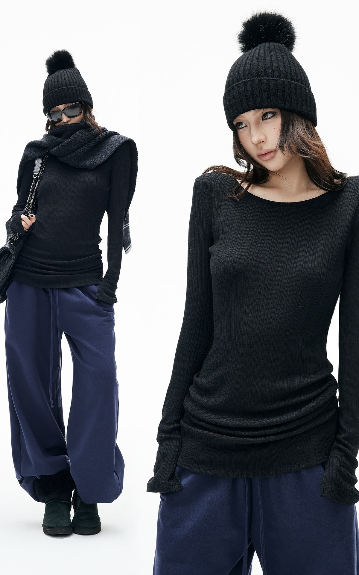IAMXIAA Ruched Ribbed Longline Slim-Fit Knit Top