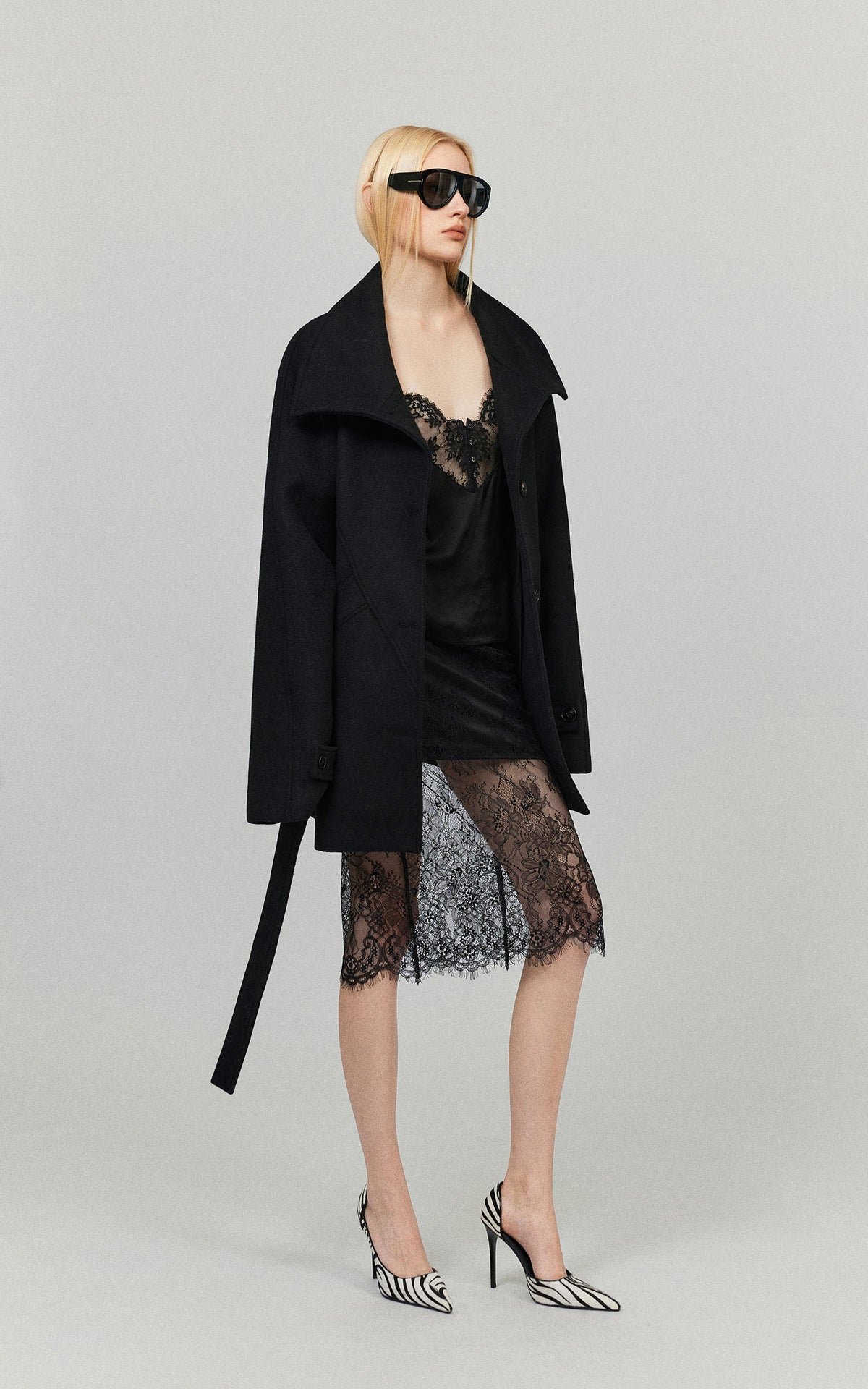 0122stepll Sculpted High Collar Belted Jacket