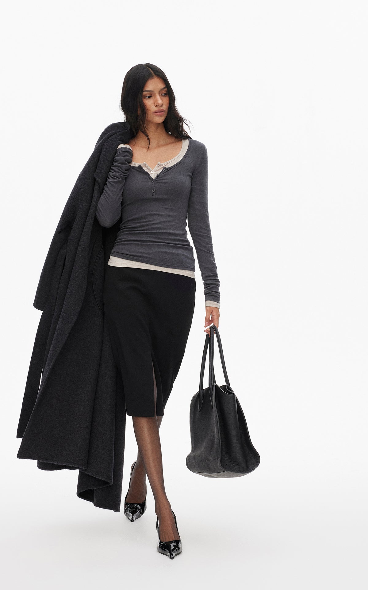 0122stepll Scoop Neck Button-Front Slim-Fit Long Sleeve T-Shirt