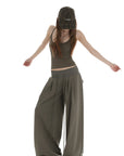 IAMXIAA Ribbed Button Tank and Wide Leg Drawstring Pants Two-Piece Set