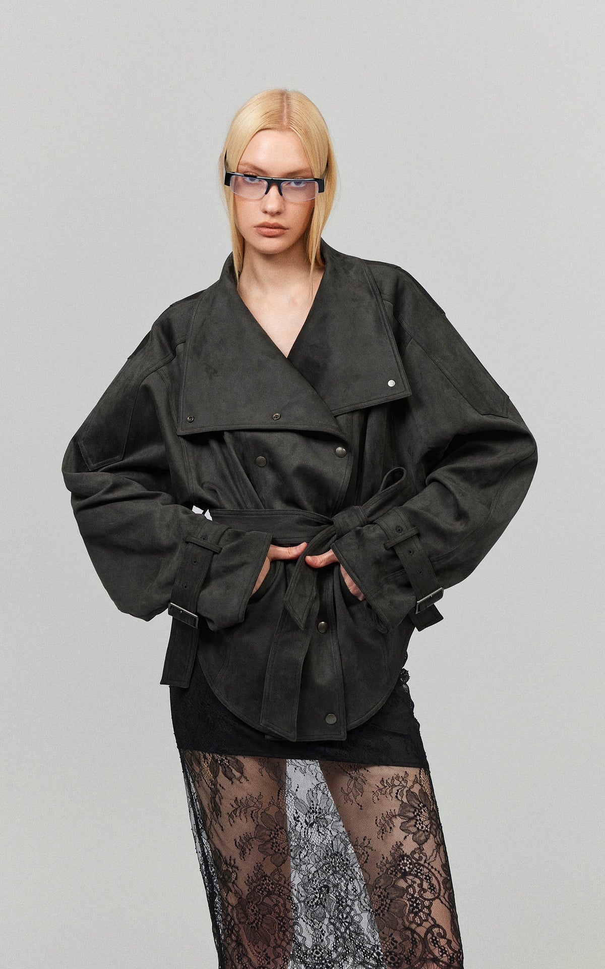 0122stepll Washed Suede Belted Biker Jacket