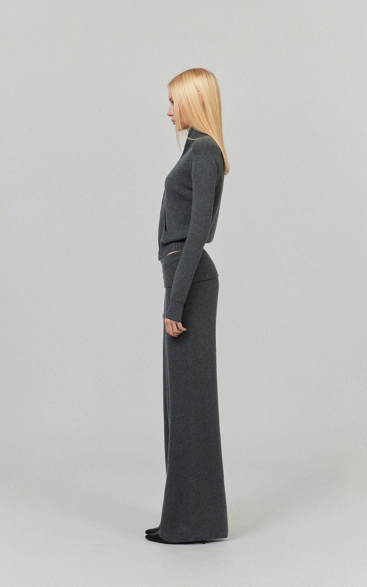 0122stepll High-Neck Zip Knit Cardigan &amp; Foldover Wide-Leg Pants Set