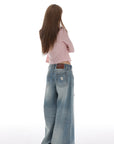 IAMXIAA Distressed Baggy Denim Jeans Low Waist Wide Leg Street Style Vintage Wash