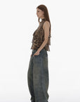 IAMXIAA Leopard Print Ruffle Tank Top Halter Neck Sheer Layered Vest