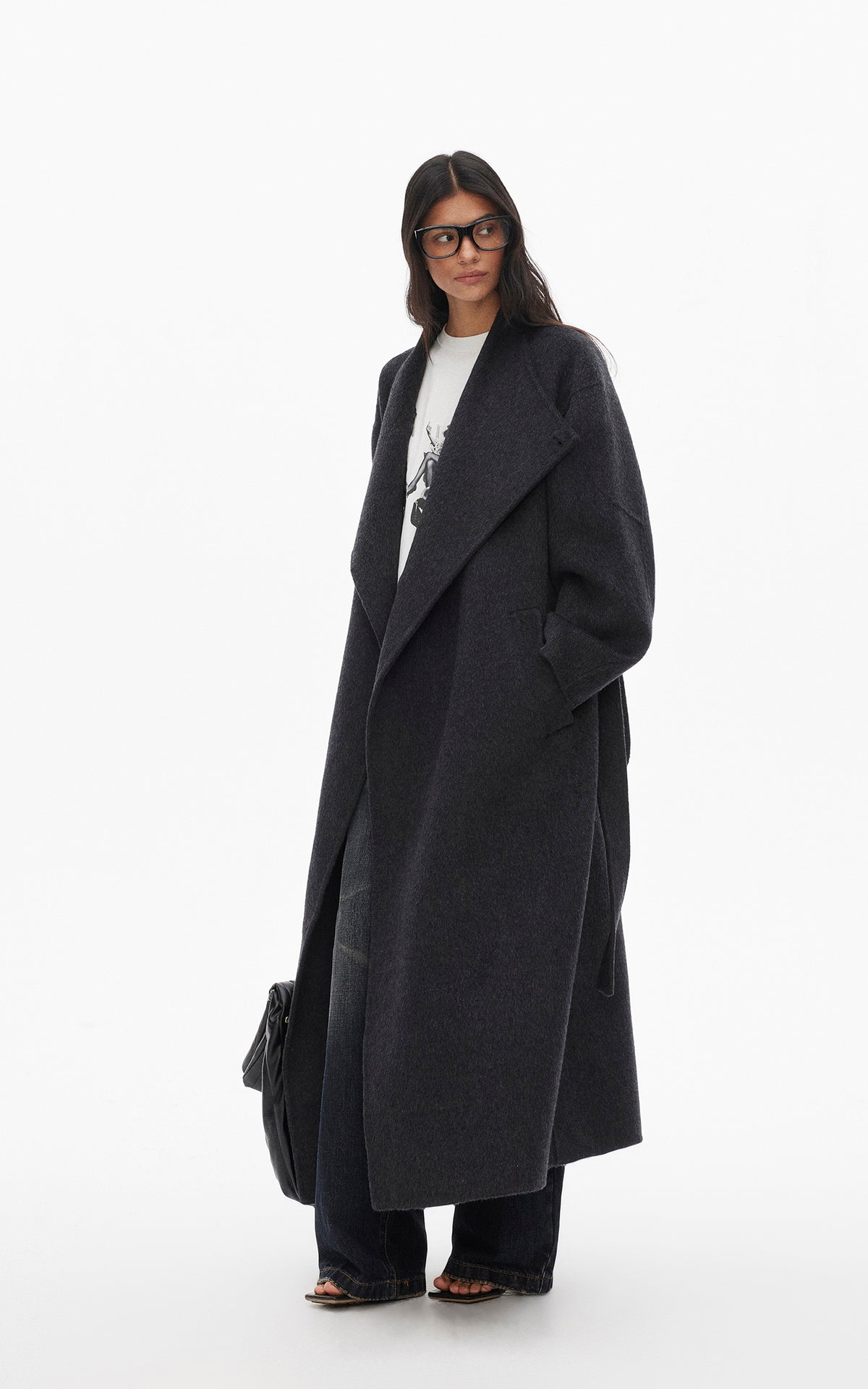 0122stepll Manteau long ample ceinturé à nouer
