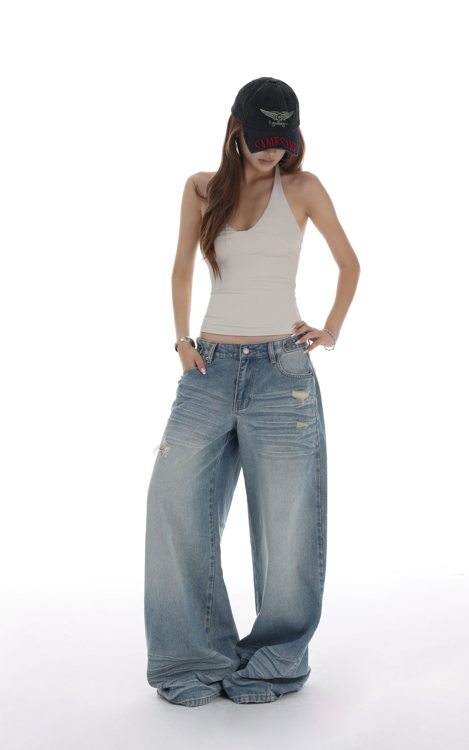 IAMXIAA Distressed Baggy Denim Jeans Low Waist Wide Leg Street Style Vintage Wash