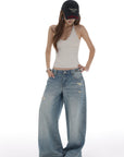 IAMXIAA Distressed Baggy Denim Jeans Low Waist Wide Leg Street Style Vintage Wash