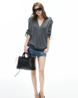 IAMXIAA V Neck Long Sleeve Tee Casual Loose Fit Top