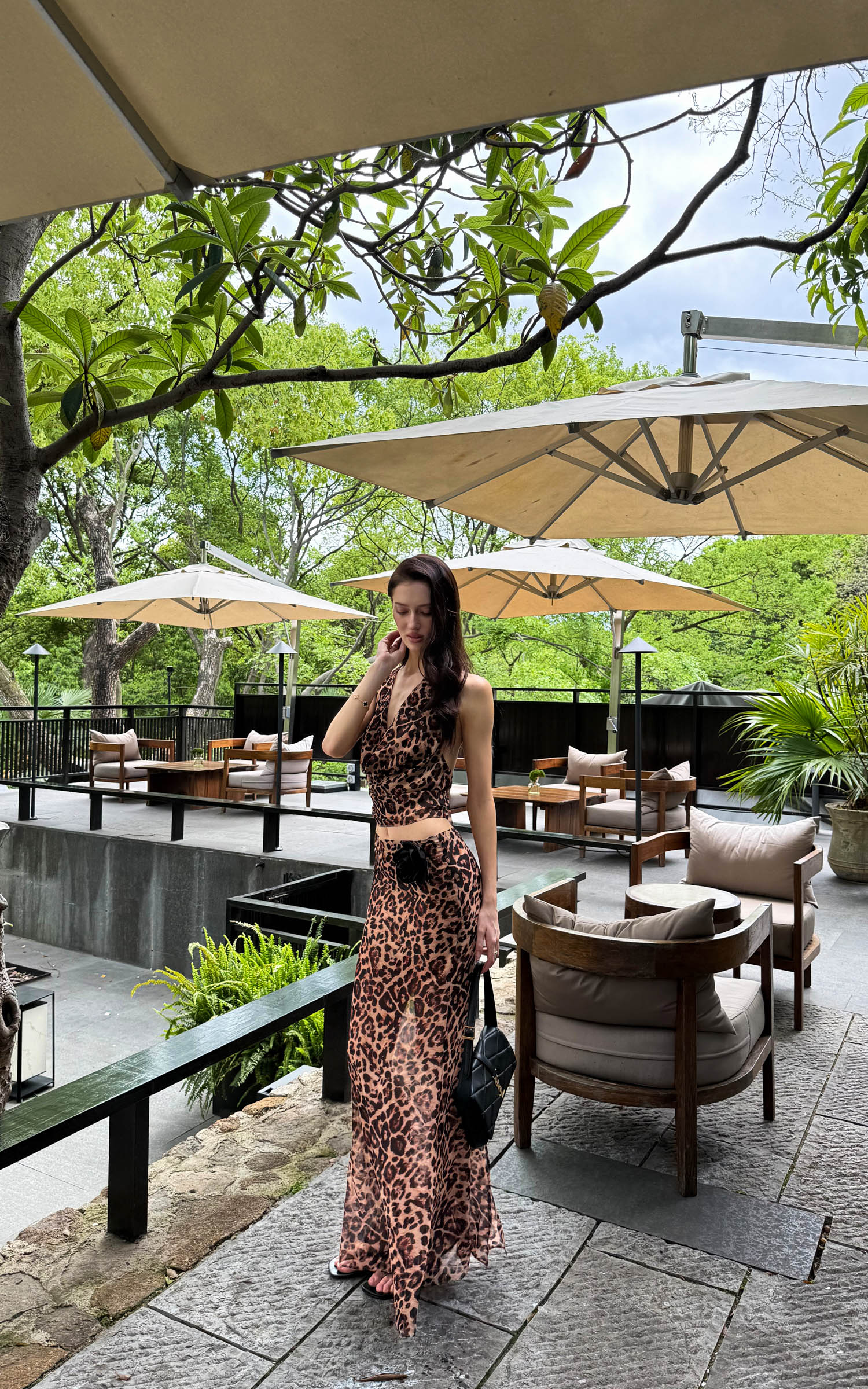 0122stepll Leopard Mesh Halter Top &amp; Sheer Maxi Skirt Set