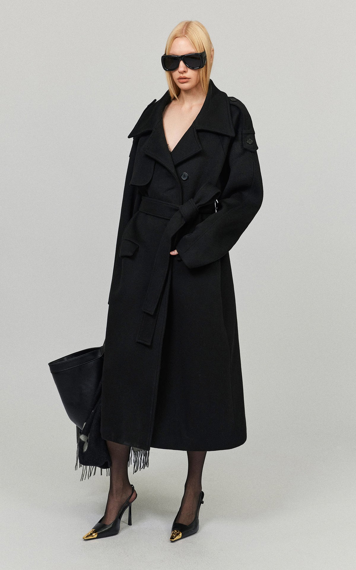 0122stepll Oversized Military Belted Long Wool Trench Coat