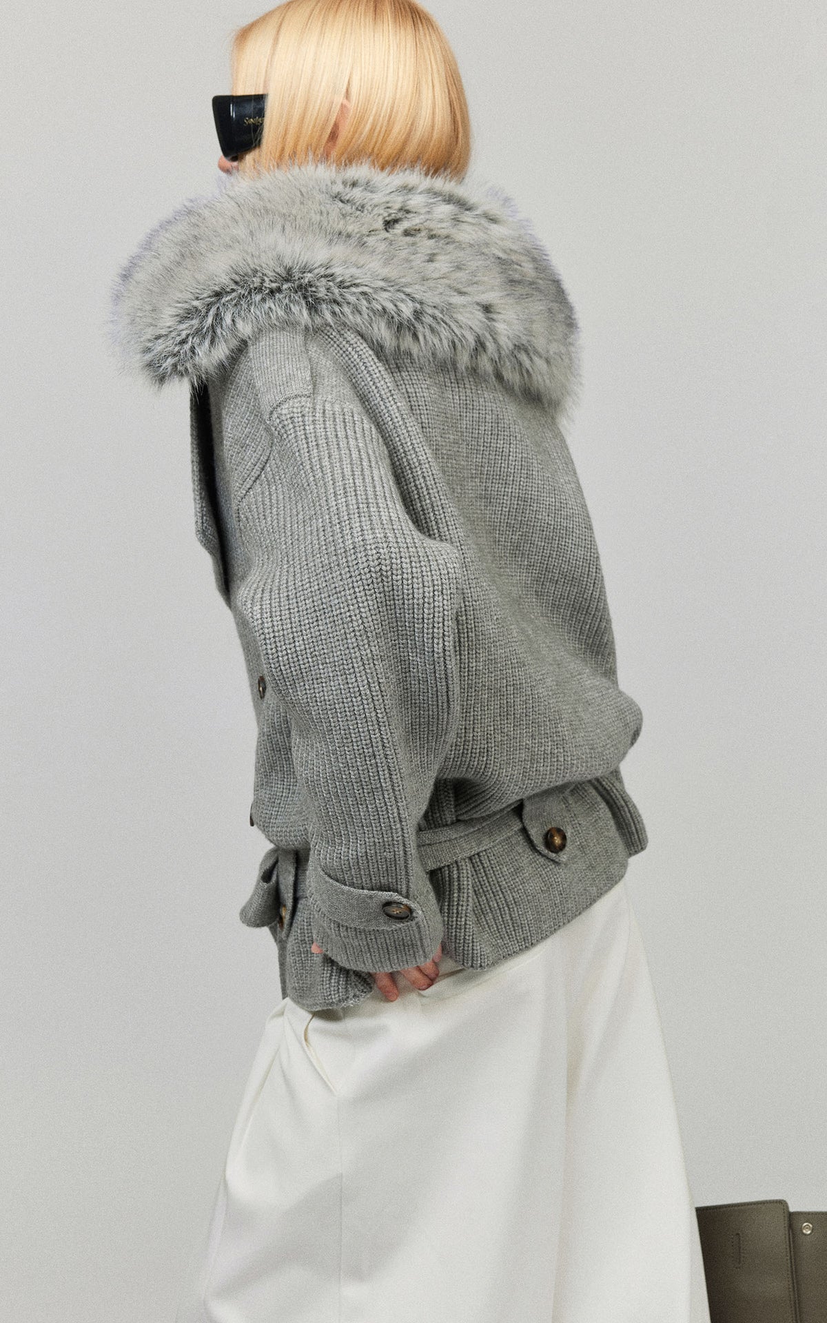 0122stepll Plush Wool Collar Belted Knit Jacket