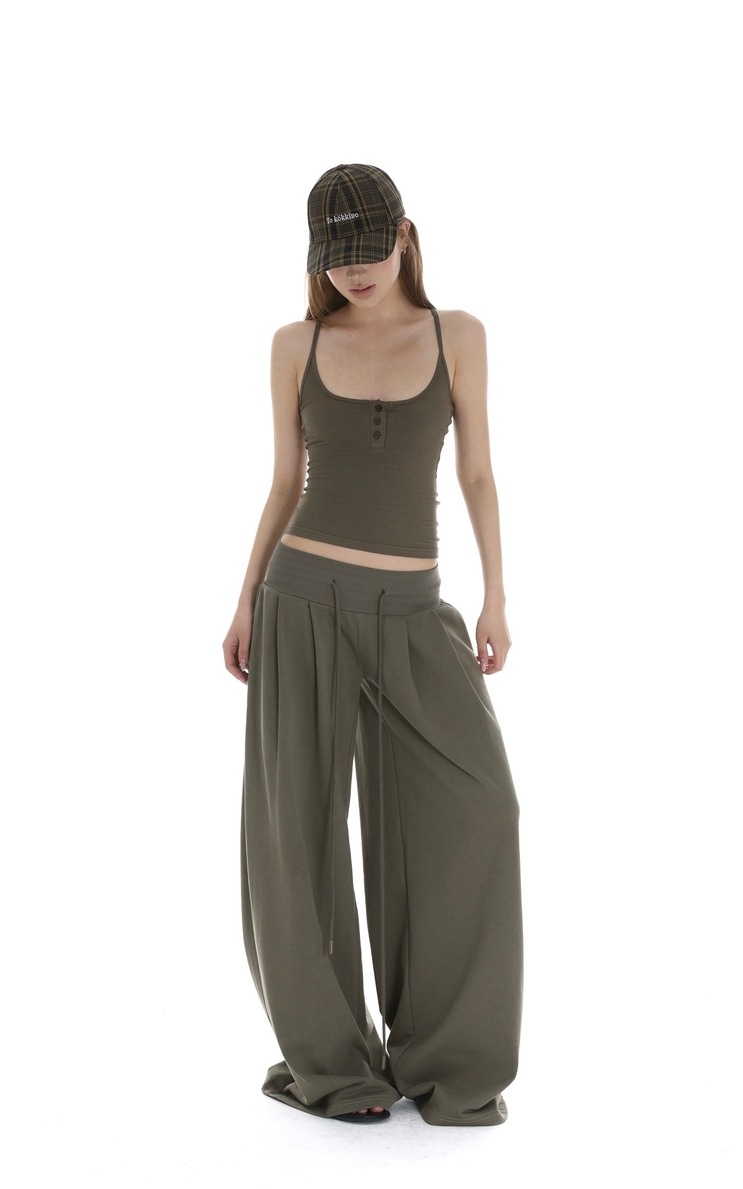 IAMXIAA Ribbed Button Tank and Wide Leg Drawstring Pants Two-Piece Set